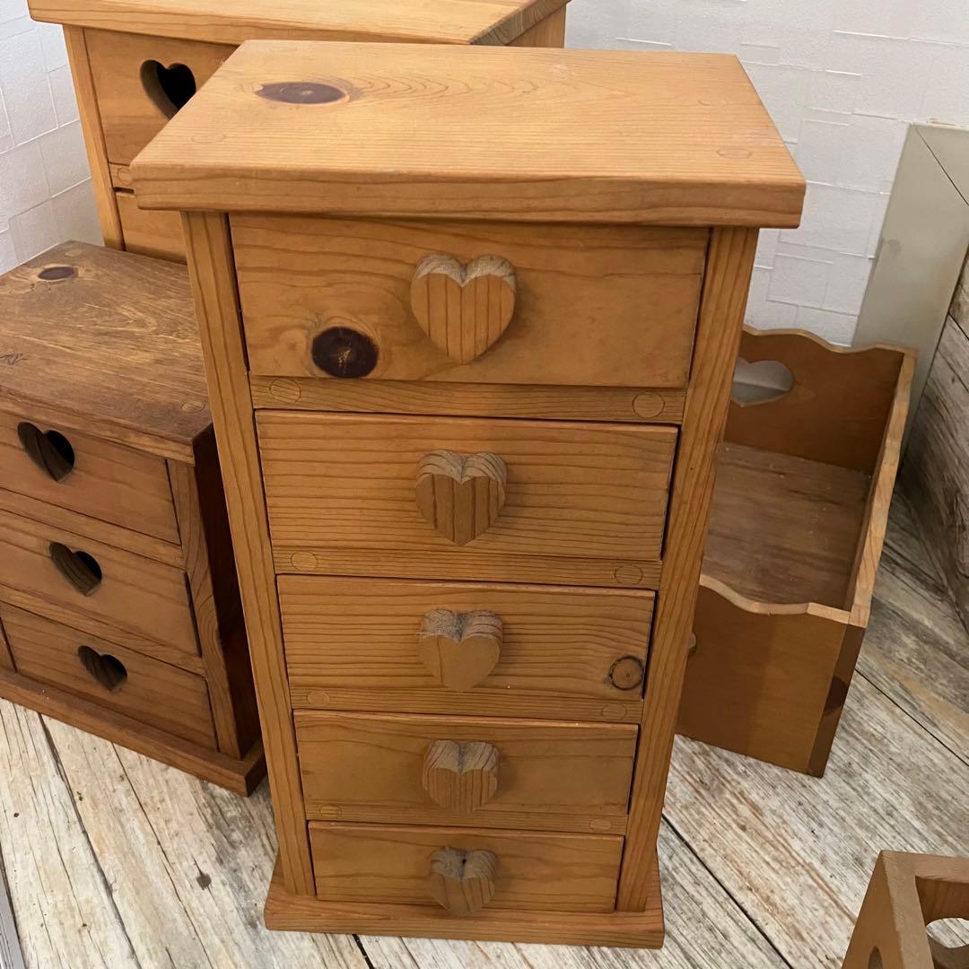 カントリー家具　ハートのくりぬき　ハンドメイド品　木製チェスト 5点セット