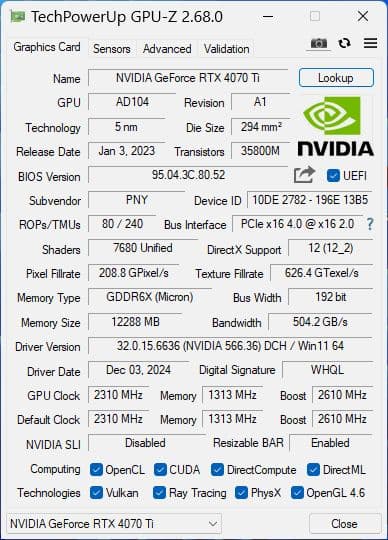 グラフィックボード・グラボ・ビデオカード PNY GEFORCE RTX 4070ti 12GB
