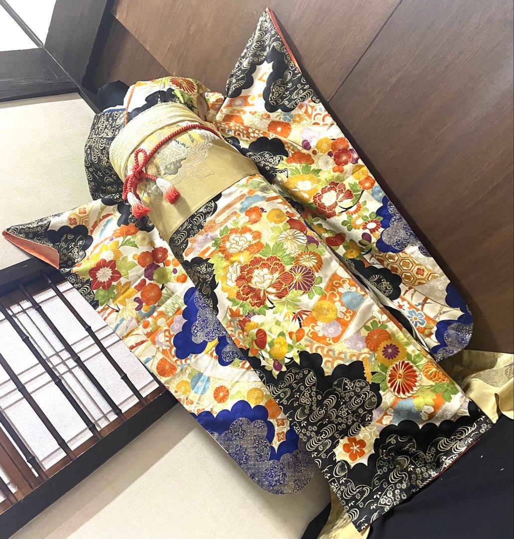 振袖フルセット6点M〜Lサイズ駒刺繍　雲取り金箔　正絹　売り切り終了