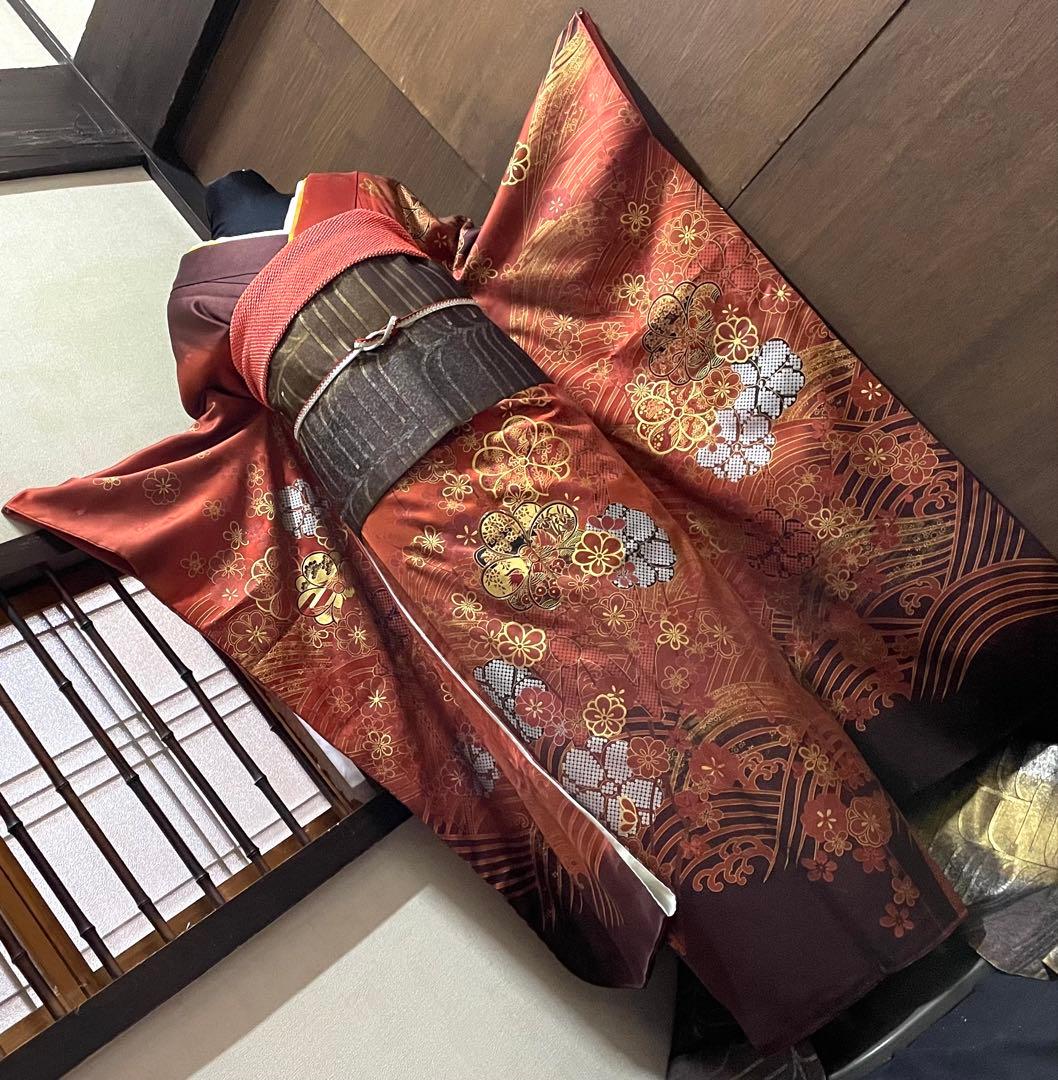 振袖 フルセット6点サイズM〜Ｌ駒刺繍　鴛鴦花文　暈し染め　金彩　正絹