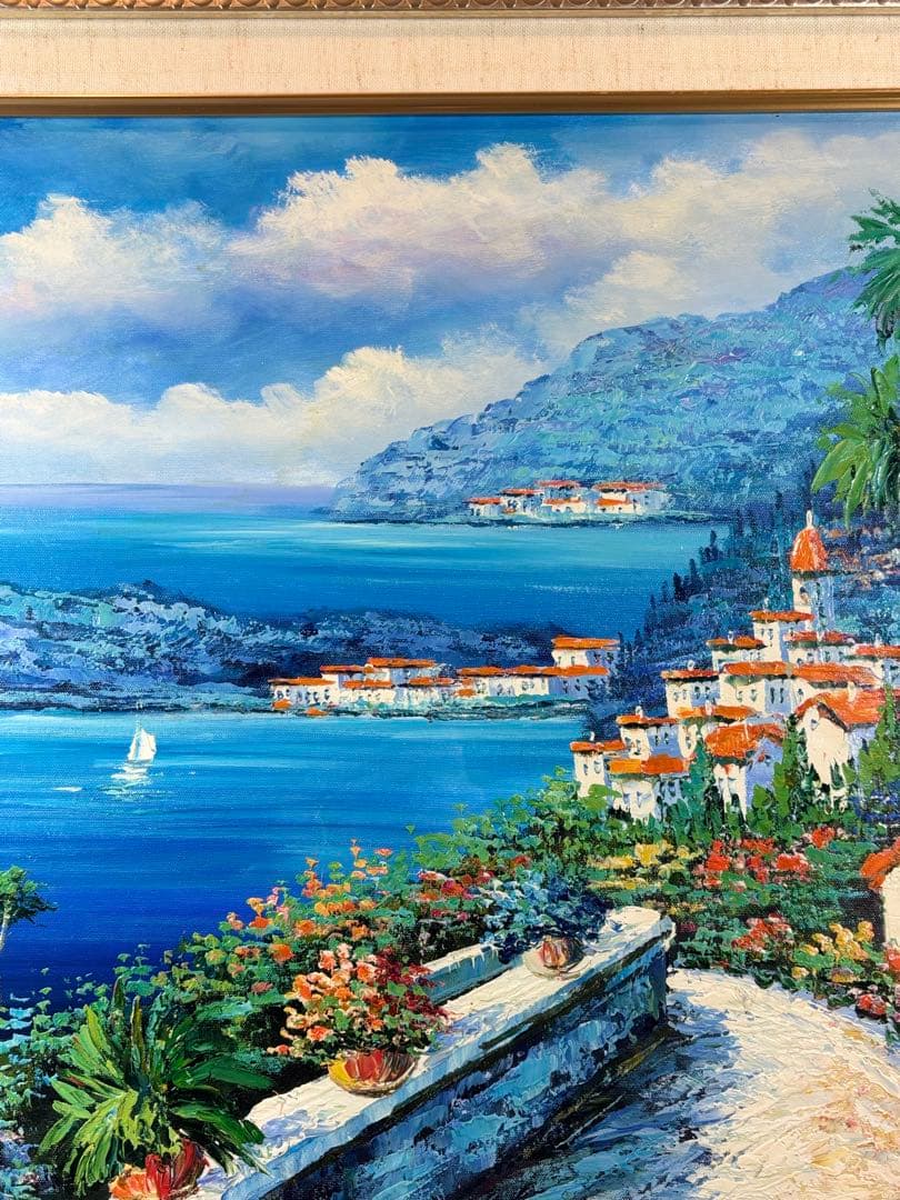 セルジュ・ルゴンによる「地中海への道」 風景画 油彩 海と町の風景