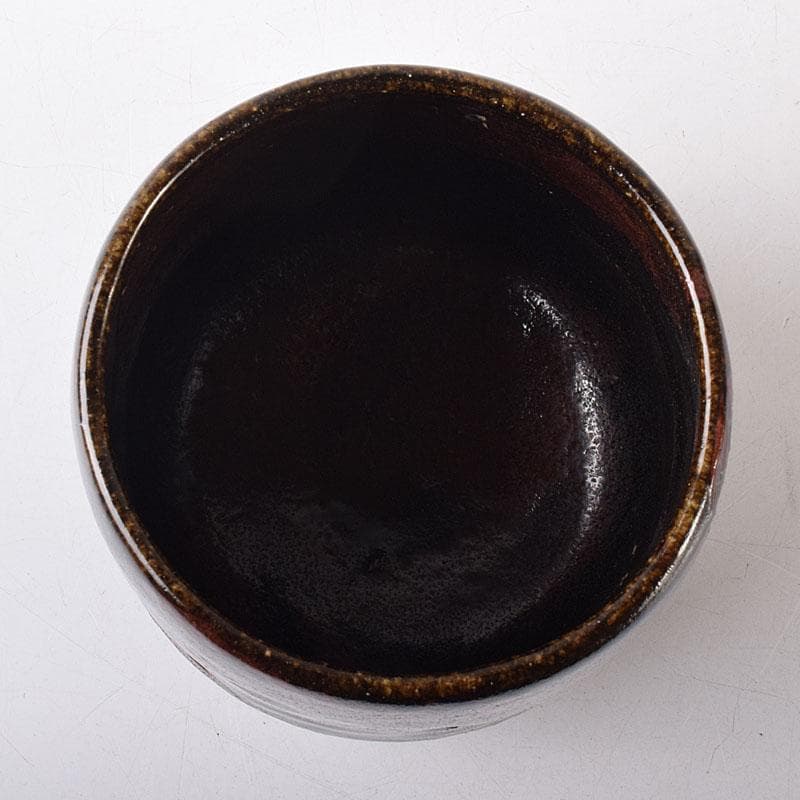 茶道具　楽吉左衛門作　黒楽筒茶碗　仕覆付　共箱　M　R8725