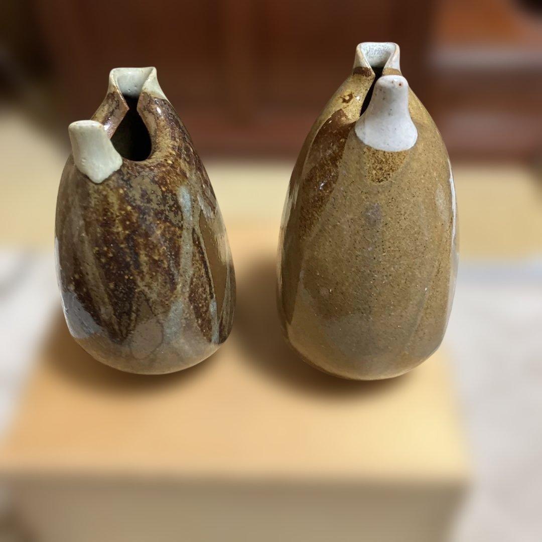 越中瀬戸焼★「庄楽窯」釋永由紀夫 造★『雷鳥 徳利』一対★未使用　専用箱有り