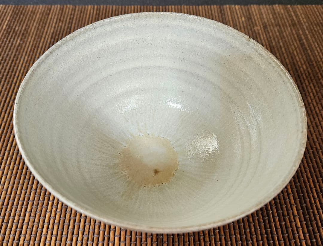 【遠州七窯】上野焼　名工　青柳翆峰 造　白釉溜り　大振茶碗　共箱　茶道具　茶器