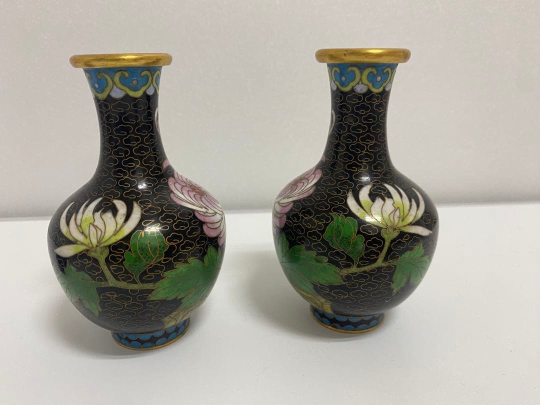 中国美術 花瓶 一対 台付き 中国七宝 花器 壷 景泰藍 花鳥図 唐物 七宝焼