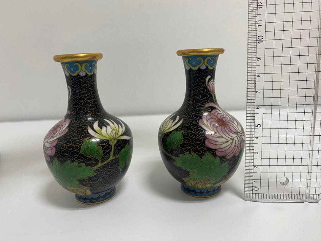 中国美術 花瓶 一対 台付き 中国七宝 花器 壷 景泰藍 花鳥図 唐物 七宝焼