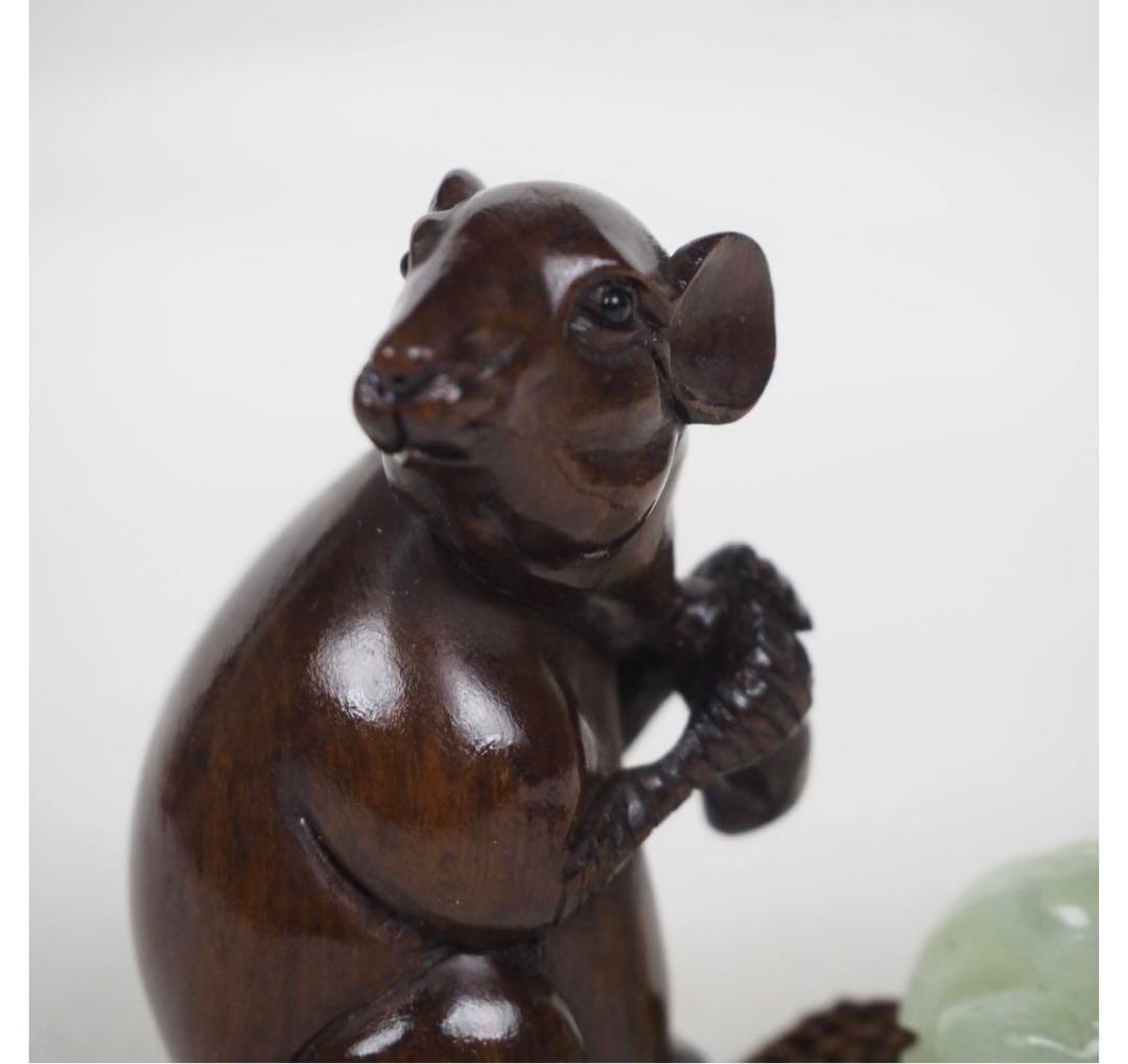 送料無料　緑檀根付　鼠　緒締め玉付　提げ物　在銘