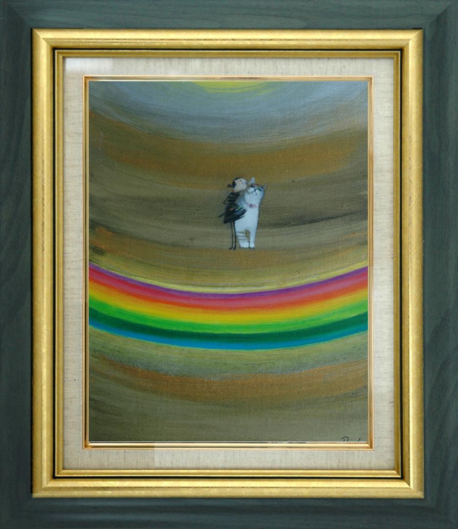 油絵 菅家令子 絵 絵画インテリア額付(黒) F3-030919子犬子猫と女の子