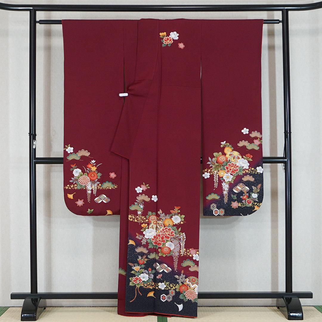 モダンなダークピンク　牡丹　藤　正絹振袖　長襦袢付　160cm　a657