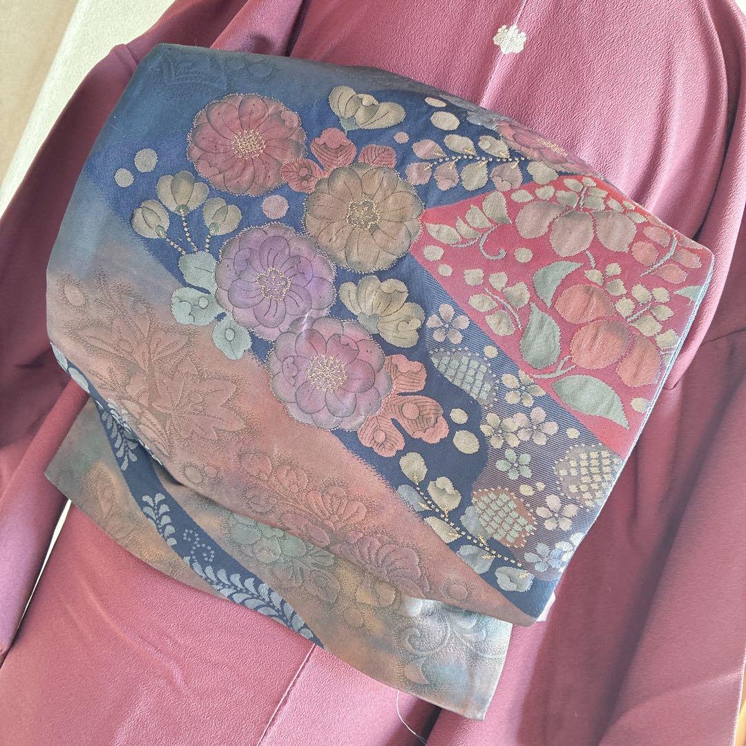 色無地　フルセット　着物　正絹　一つ紋　辻ヶ花の帯　赤紫　N5