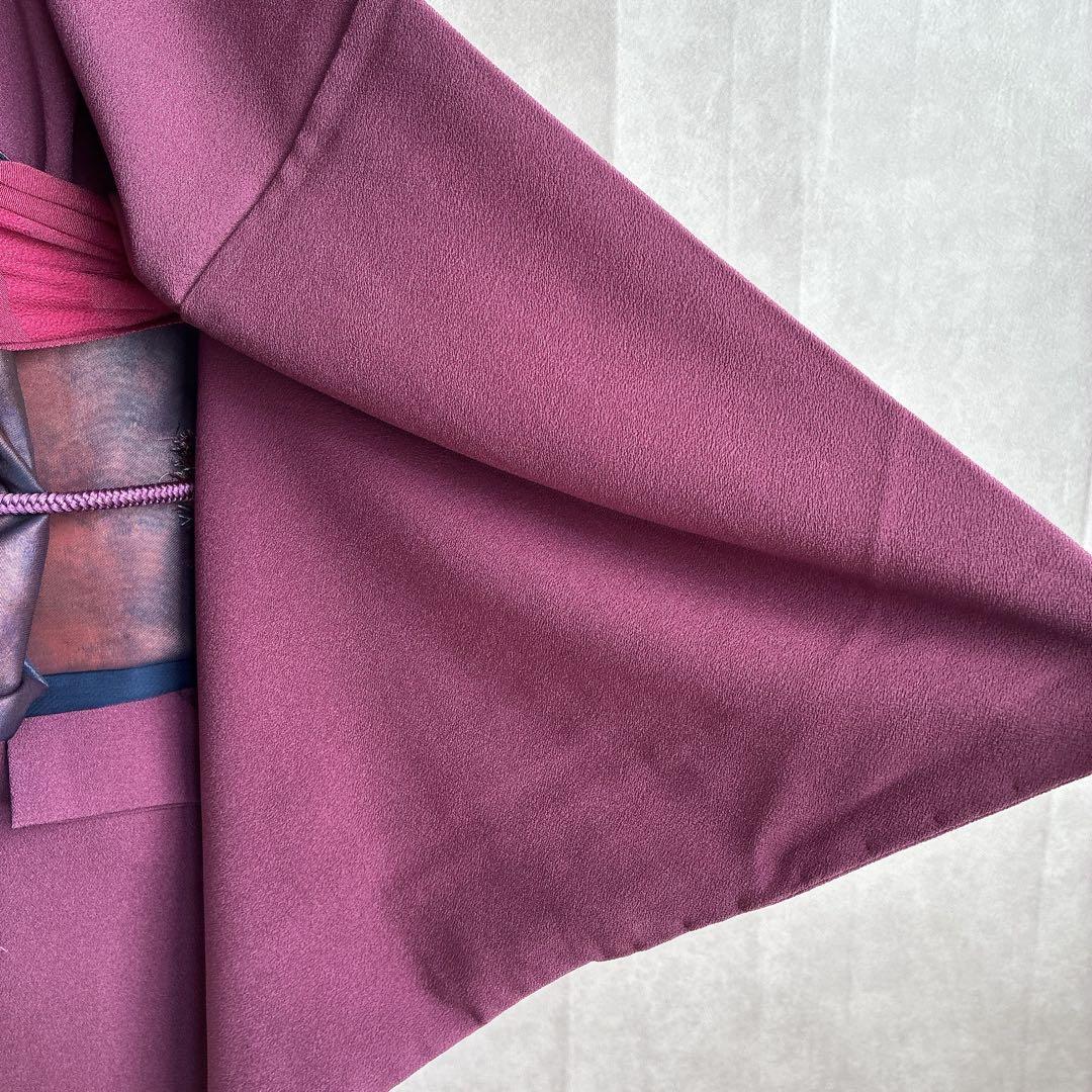 色無地　フルセット　着物　正絹　一つ紋　辻ヶ花の帯　赤紫　N5