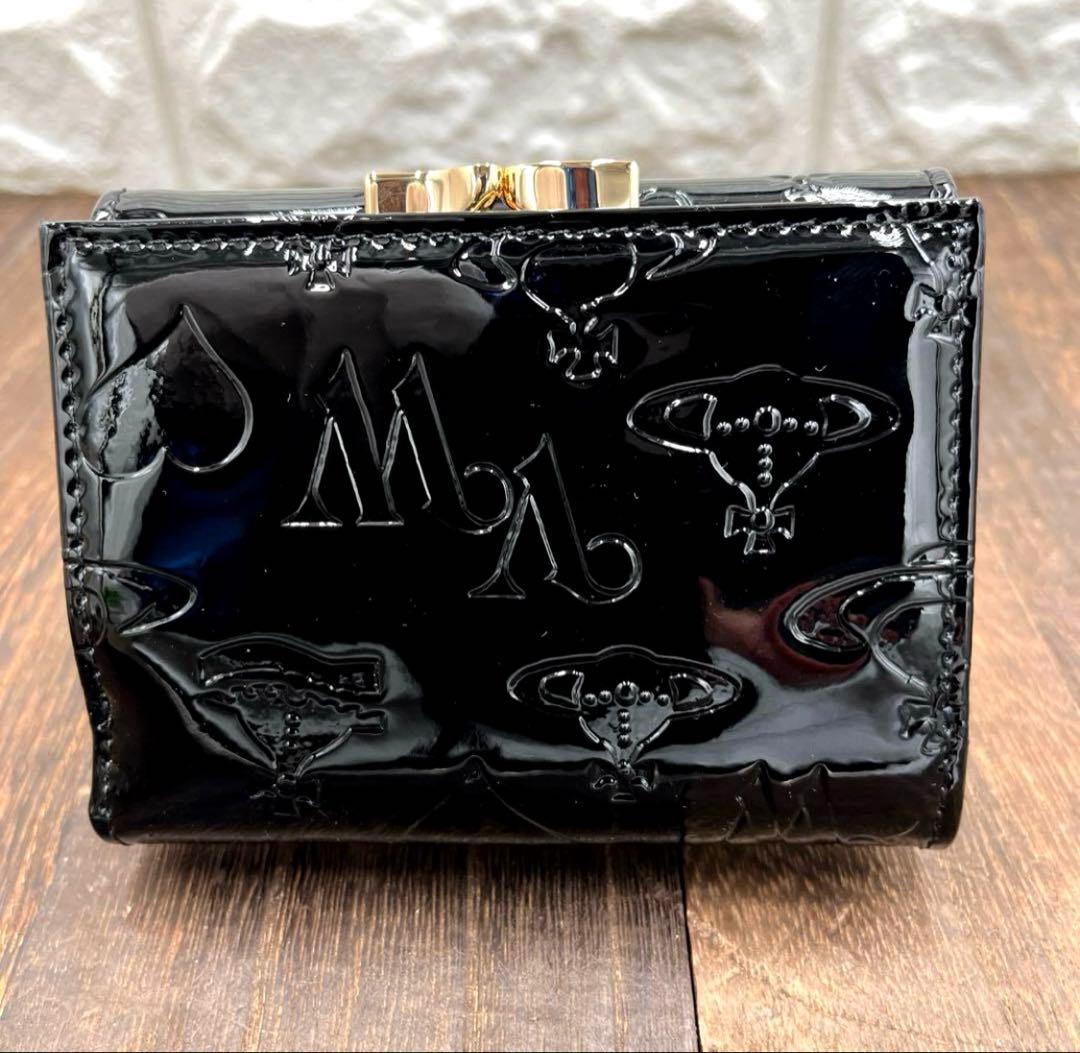 新品未使用　ヴィヴィアンウエストウッド 三つ折財布　黒　エナメル　がま口　②