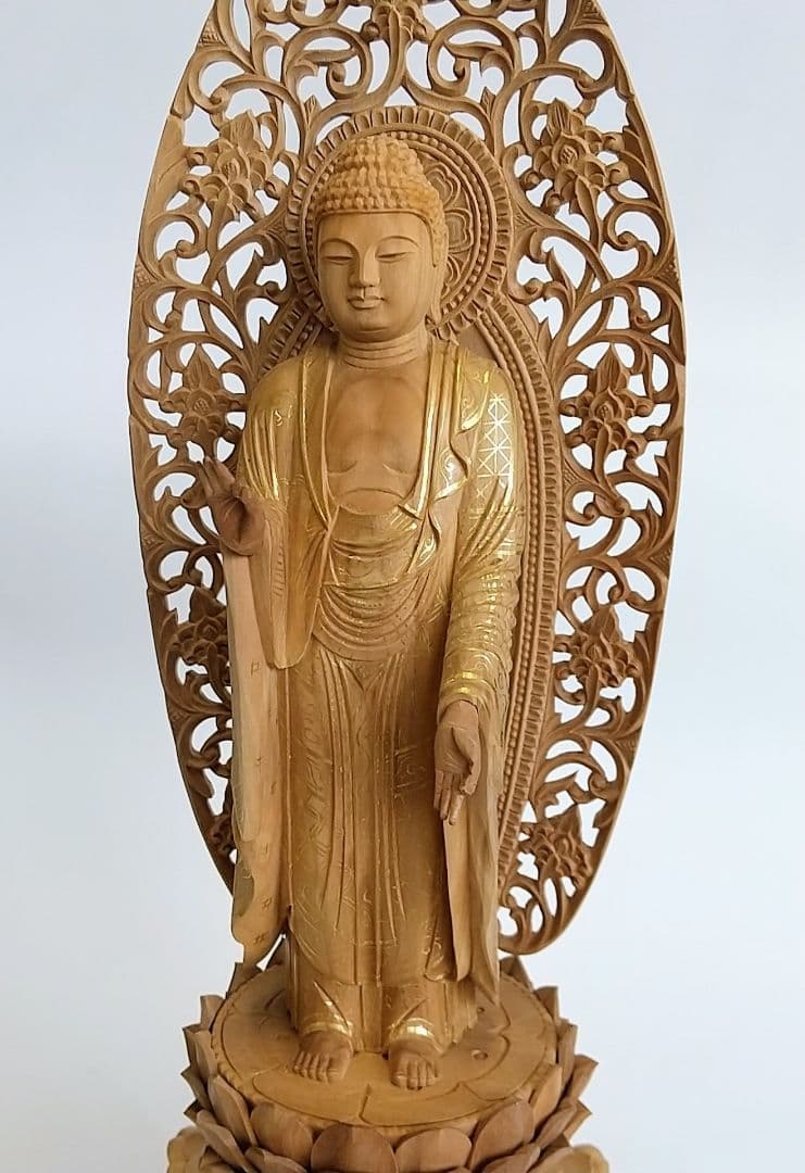 阿弥陀如来立像 5寸 #659+#557 円台座 宝相華唐草 ◆白檀 木彫 仏像