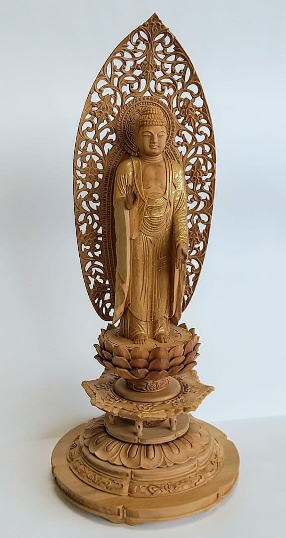 阿弥陀如来立像 5寸 #659+#557 円台座 宝相華唐草 ◆白檀 木彫 仏像