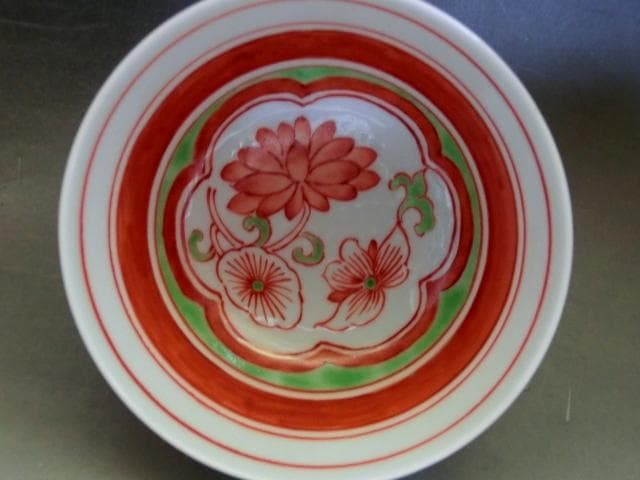 碗■蓮紋赤絵茶碗【瑞佛軒製】江西省陶瓷出口公司景徳鎮特芝 ぐい呑み 古玩 唐物■