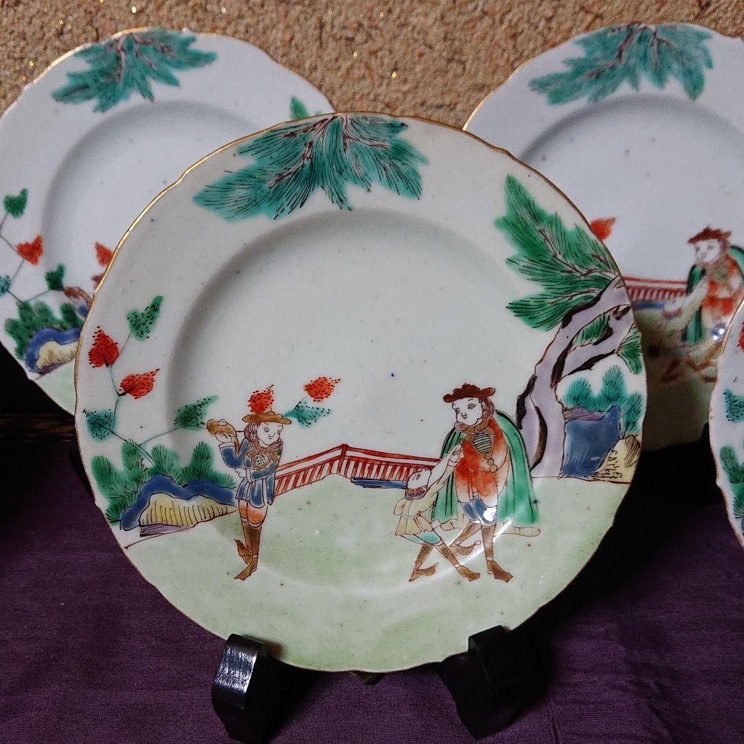 古伊万里 南蛮人と伝書鳩(鷹)図  輪花 菓子器 皿