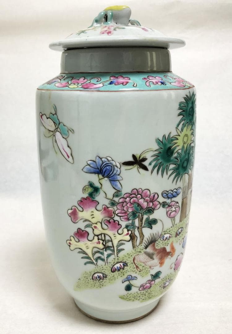 民国 色絵染付 鶏花蝶図色絵蓋物 伝世品焼物 無傷完品 ウブ品 WWTT045