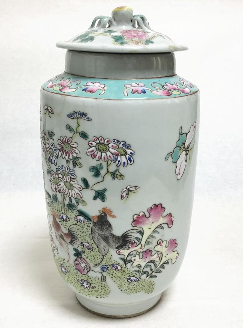 民国 色絵染付 鶏花蝶図色絵蓋物 伝世品焼物 無傷完品 ウブ品 WWTT045