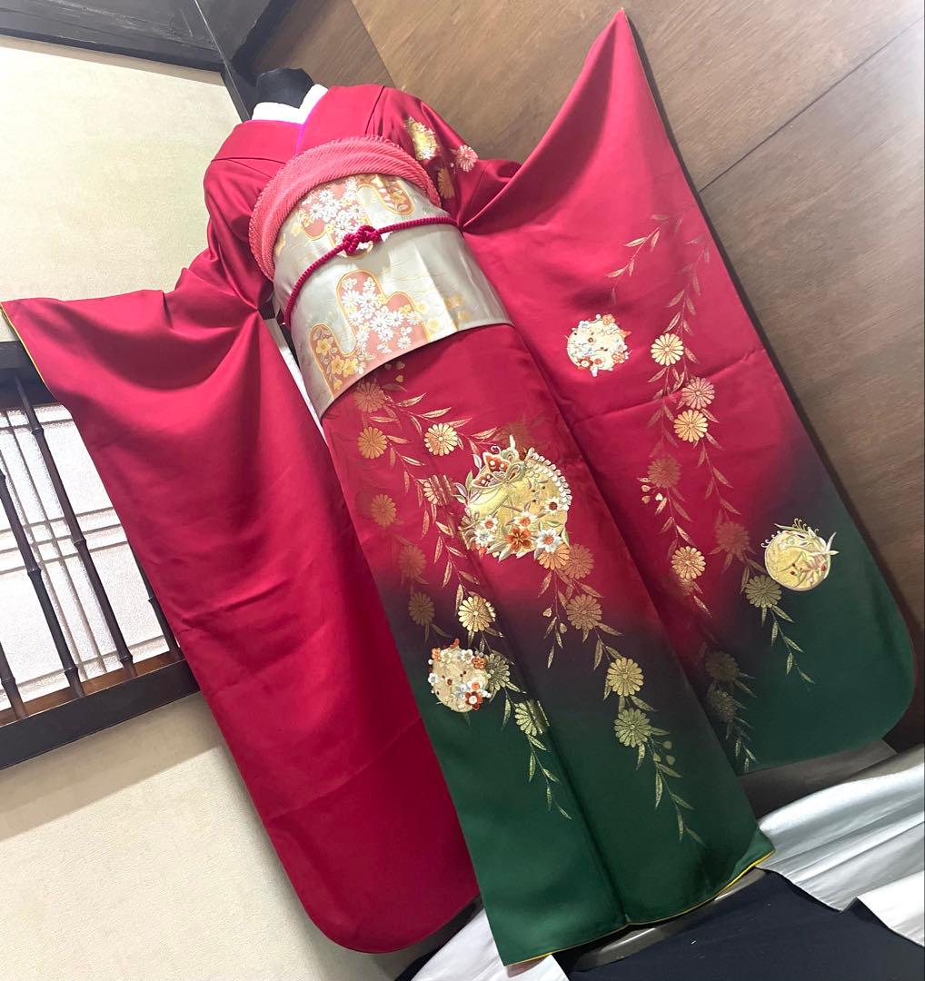 振袖 フルセット6点M〜Lサイズ赤と緑の花柄刺繍　正絹　売り切り終了