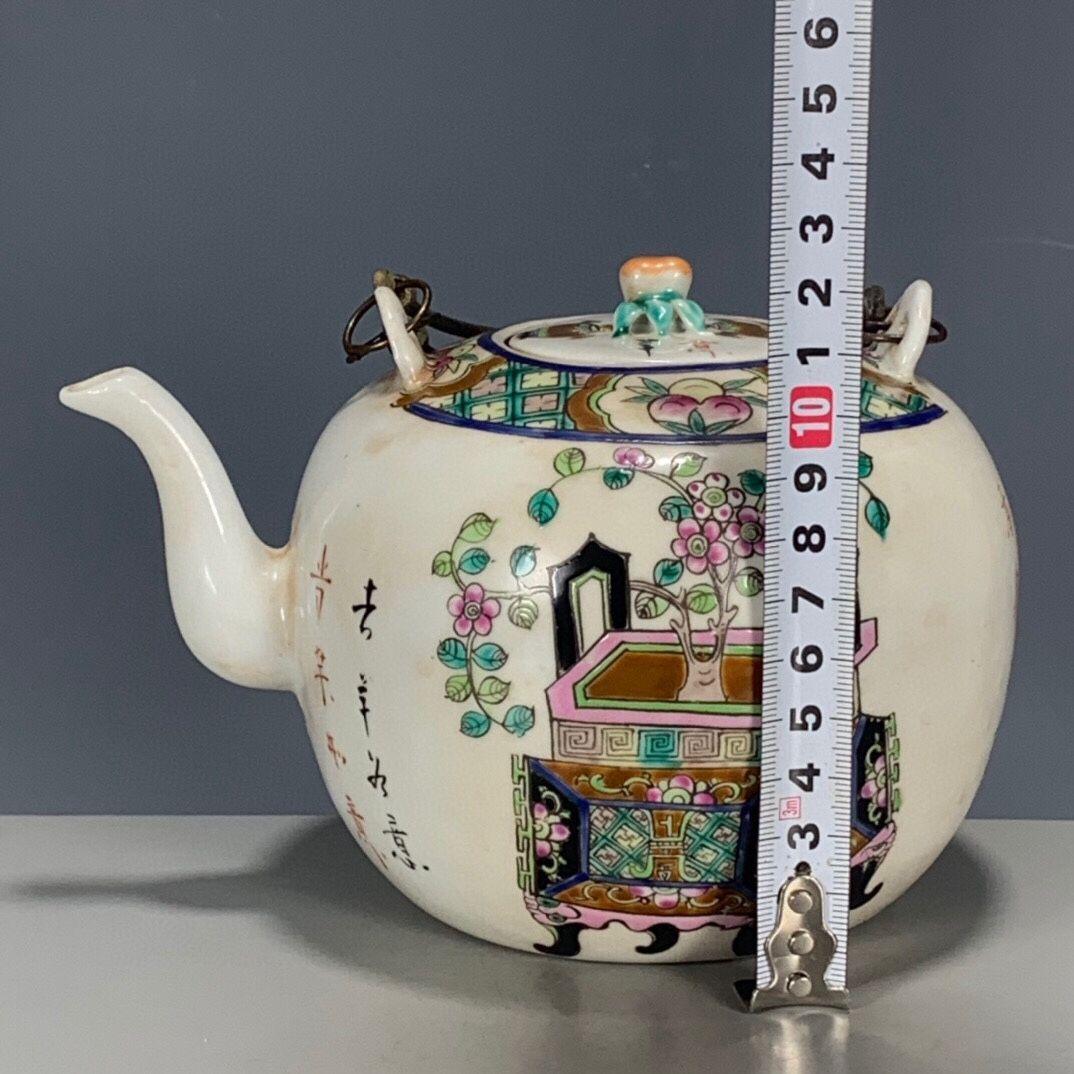 清代の同治  五彩粉彩博古図査義興鼎  花提梁やかん  急須    現代工芸品
