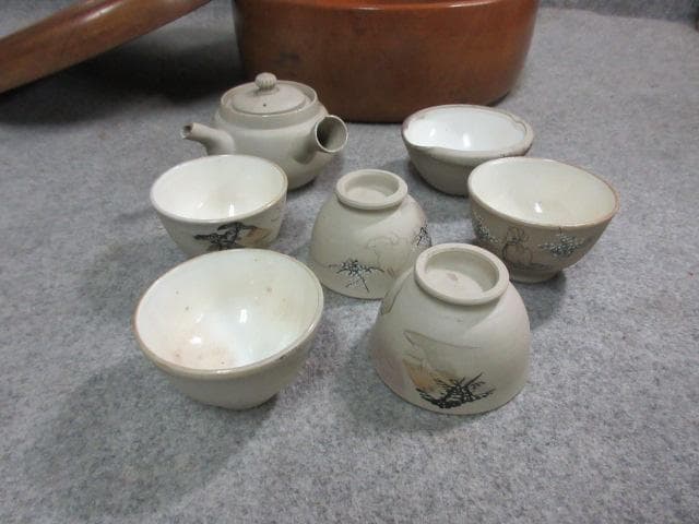 萬古焼 色絵 風景図 煎茶器セット 茶櫃付き [B25249]