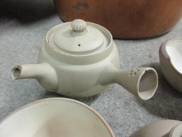 萬古焼 色絵 風景図 煎茶器セット 茶櫃付き [B25249]