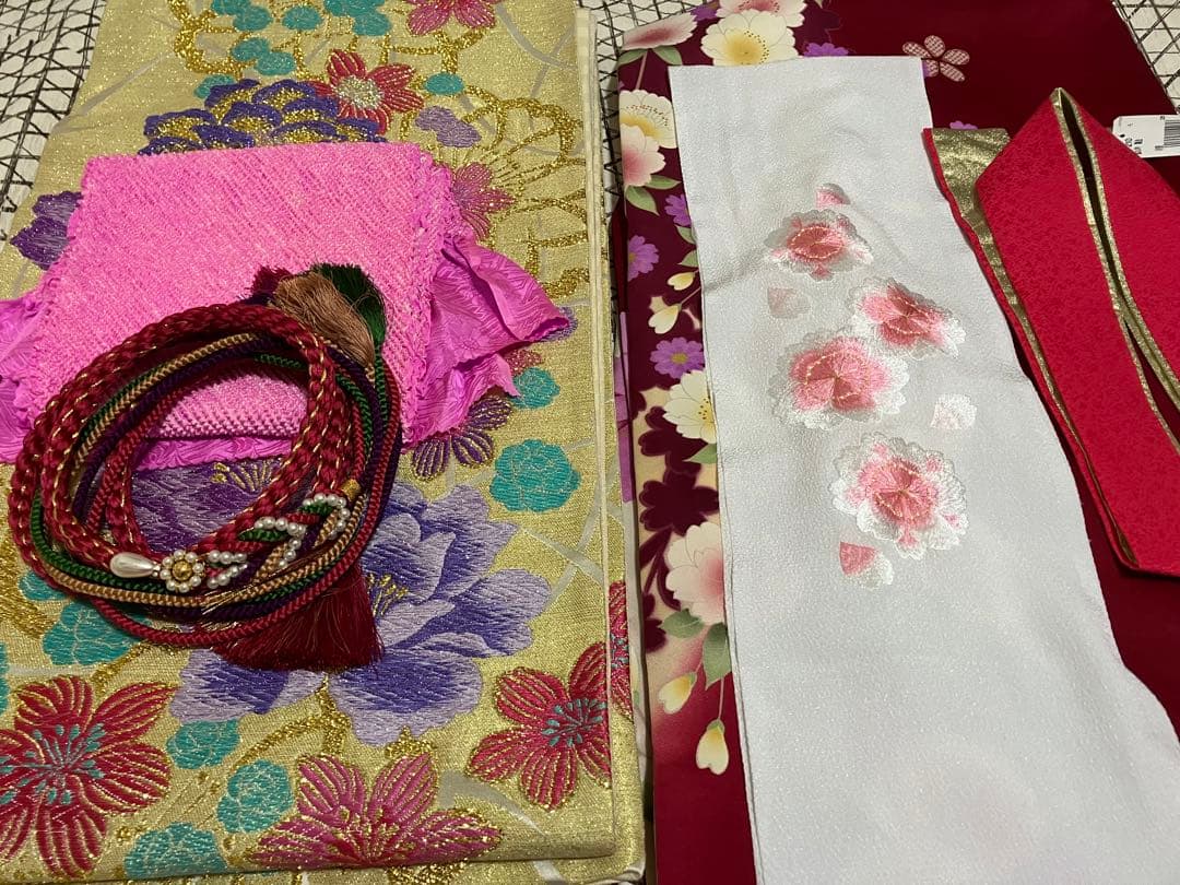 えんじ＆クリームツートン正絹振袖 全て揃ったフルセット　身丈174裄丈68