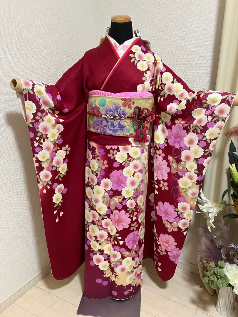 えんじ＆クリームツートン正絹振袖 全て揃ったフルセット　身丈174裄丈68