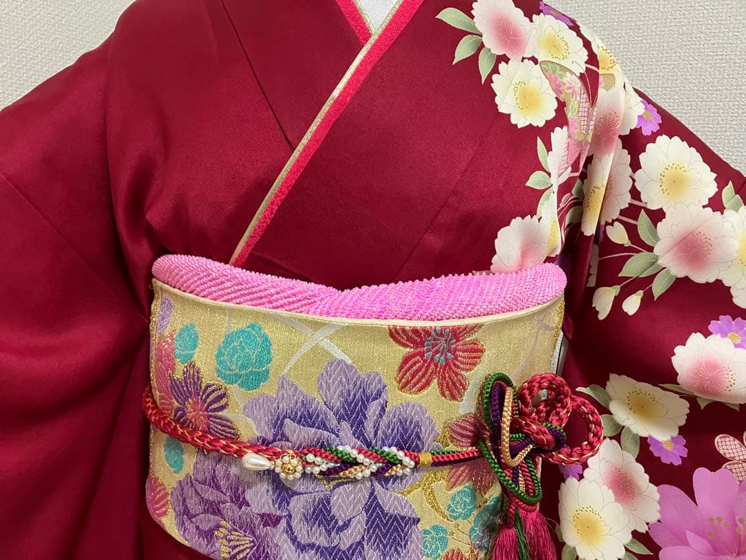 えんじ＆クリームツートン正絹振袖 全て揃ったフルセット　身丈174裄丈68