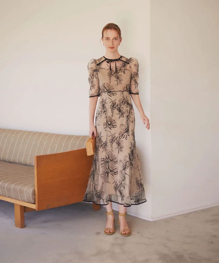 花柄リボンパフスリーブマーメイドワンピースドレス 結婚式 二次会 成人式