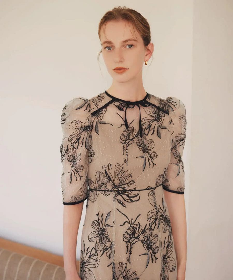 花柄リボンパフスリーブマーメイドワンピースドレス 結婚式 二次会 成人式