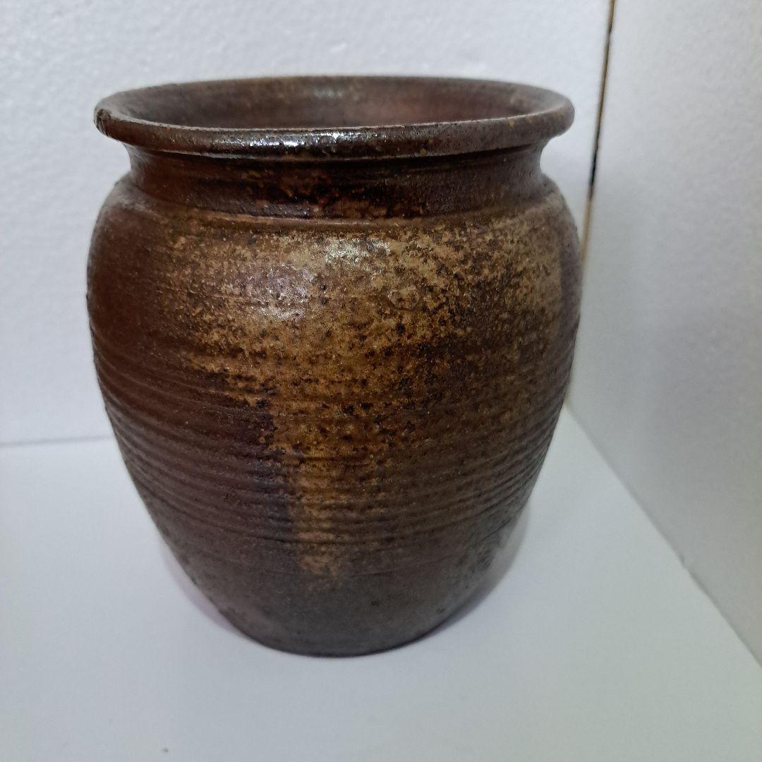 茶道具　備前　種壺　明治 ゴマ垂れ　名入り　竹ヘラ横縞　口広壺