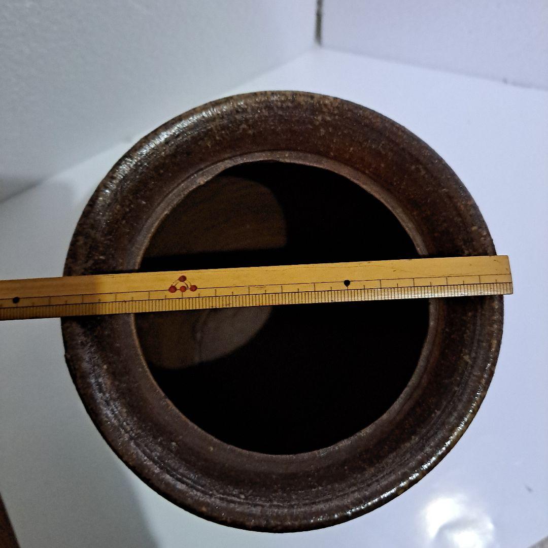 茶道具　備前　種壺　明治 ゴマ垂れ　名入り　竹ヘラ横縞　口広壺