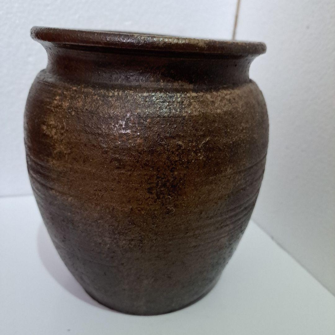 茶道具　備前　種壺　明治 ゴマ垂れ　名入り　竹ヘラ横縞　口広壺