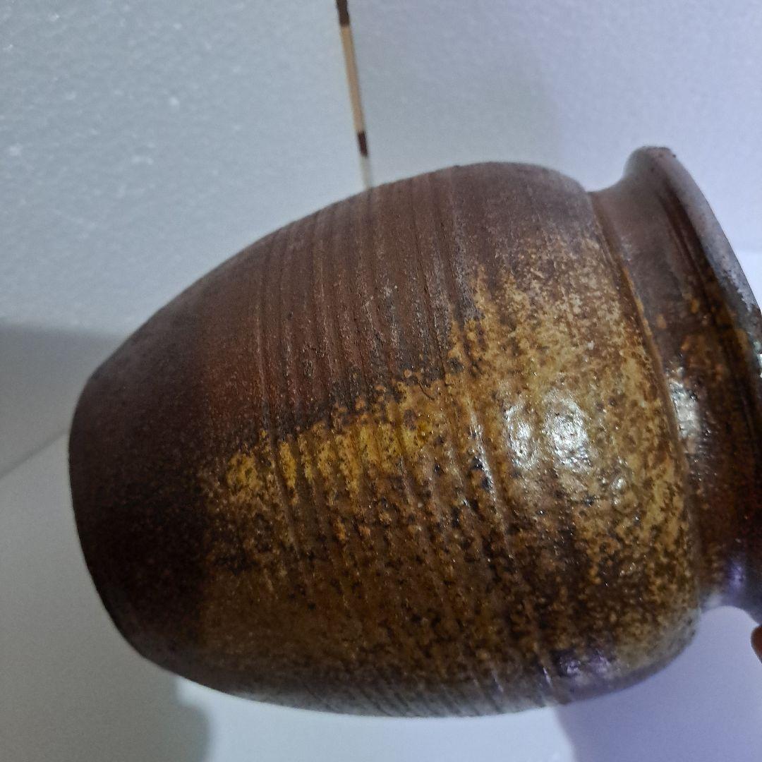 茶道具　備前　種壺　明治 ゴマ垂れ　名入り　竹ヘラ横縞　口広壺