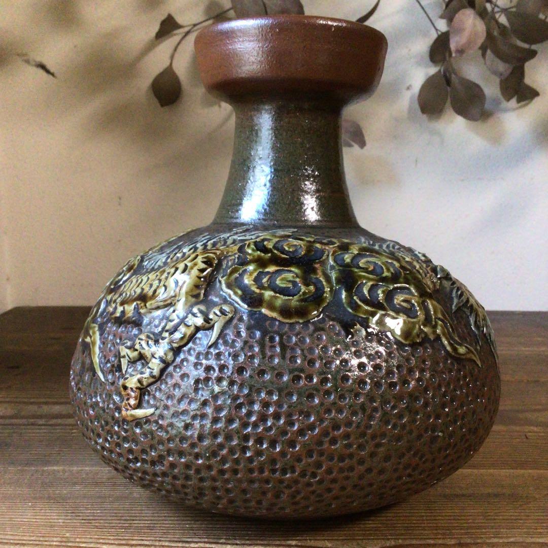 No4078 壺屋焼　浮彫雲龍文　カラカラ　酒器　沖縄　やちむん　民藝　送料無料