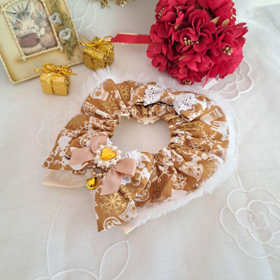 クリスマス幅広ファーシュシュ(ゴールド×白)わんちゃん猫ちゃん用