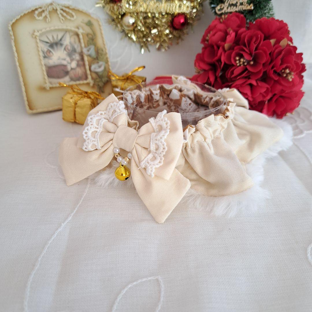 クリスマス幅広ファーシュシュ(ゴールド×白)わんちゃん猫ちゃん用