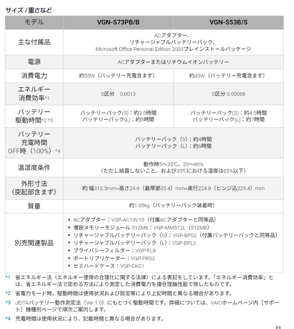 Windowsノート本体 SONY VAIO VGN-S73PB/B windows XP