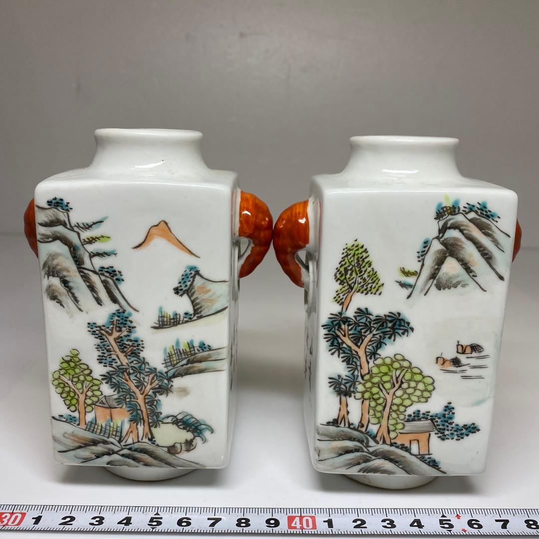 中国美術　同治年製　粉彩花入一対　高さ13㎝　東Y7-0331③タルサ