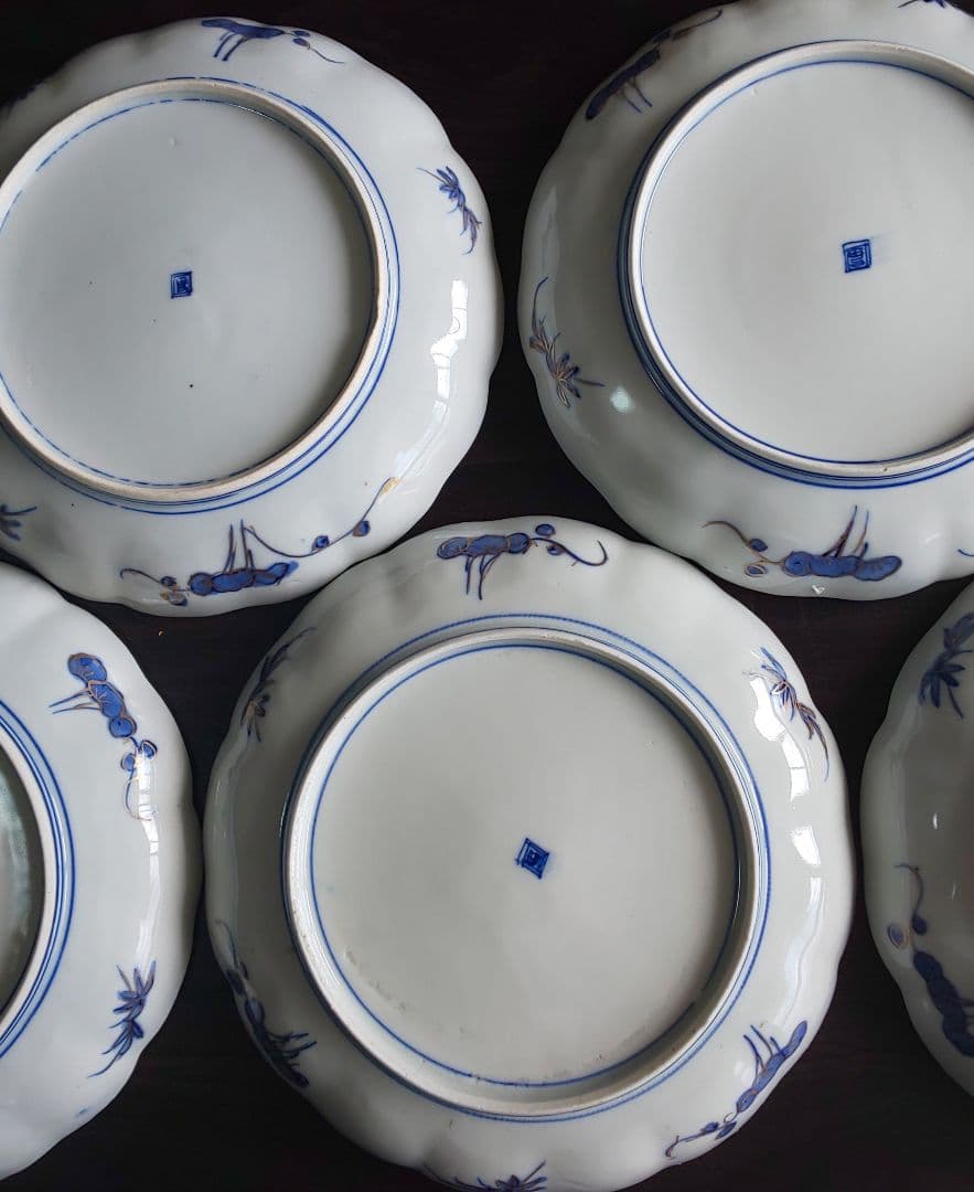 古伊万里 人物鳥山水風景図 輪花中皿 裏角福 表月弓 ５枚セット