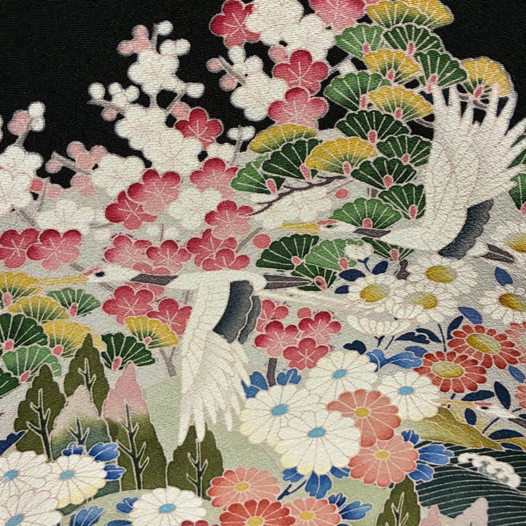 D128 黒留袖 友禅 落款入 鶴 花模様 正絹 着物 袷 極美品