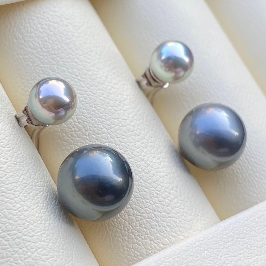 本真珠　南洋黒蝶真珠&あこや真珠ピアス　9.8&6.3mm P1152