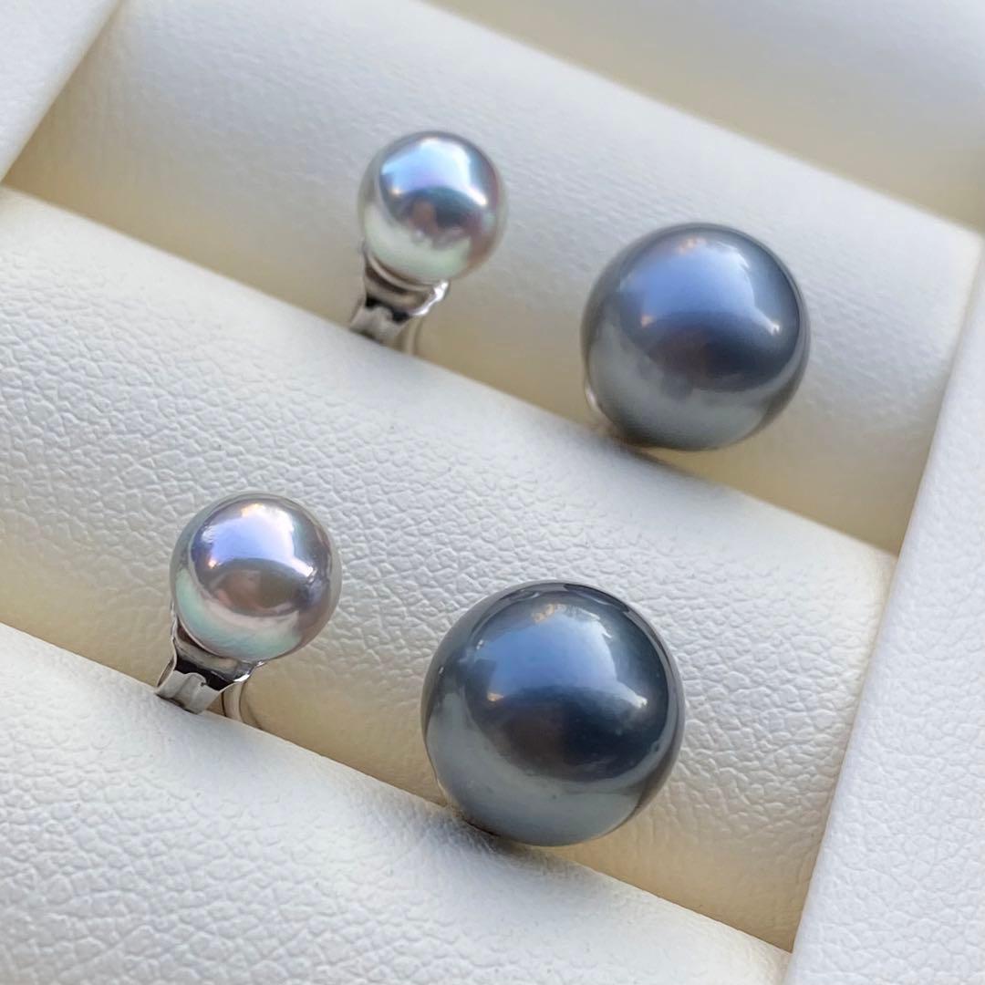 本真珠　南洋黒蝶真珠&あこや真珠ピアス　9.8&6.3mm P1152