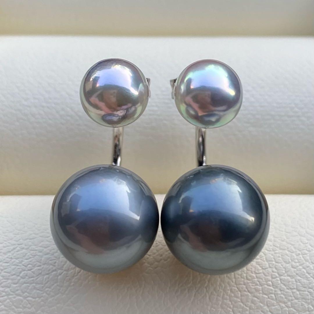 本真珠　南洋黒蝶真珠&あこや真珠ピアス　9.8&6.3mm P1152