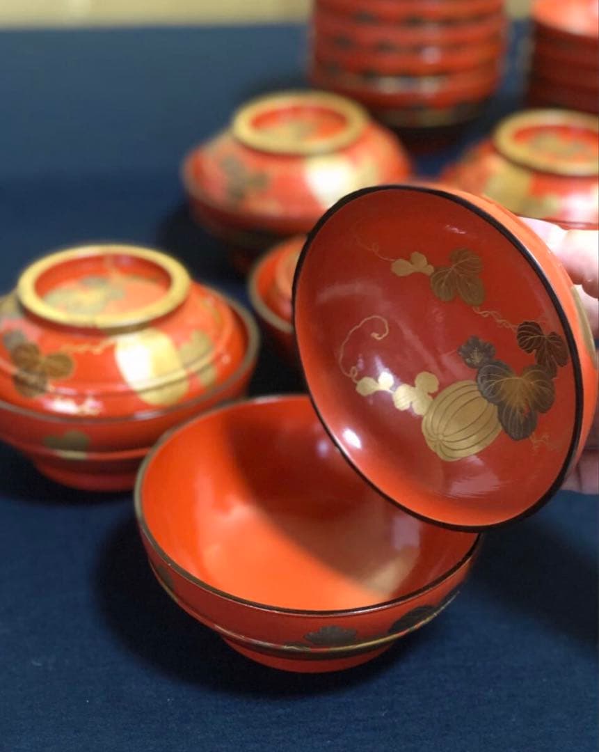 「祖」根来 瓜図 高蒔絵 菓子椀10客 塗師 仙斎 共箱 (122A)