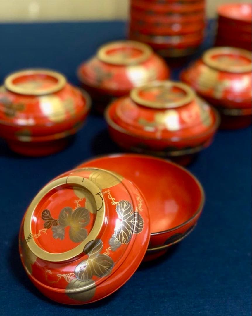 「祖」根来 瓜図 高蒔絵 菓子椀10客 塗師 仙斎 共箱 (122A)