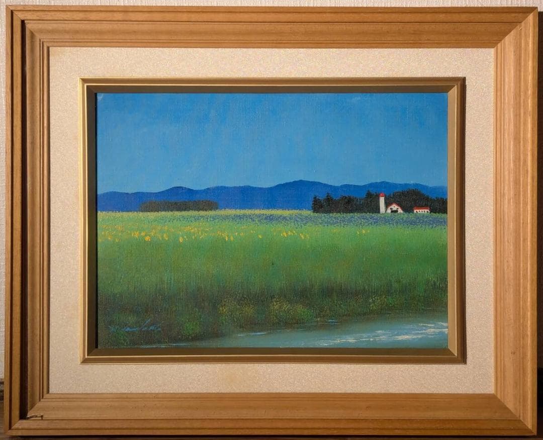 【真作】絵画　羽中田晴夫　油彩4号　北海道　牧歌的風景　証明書付　V67
