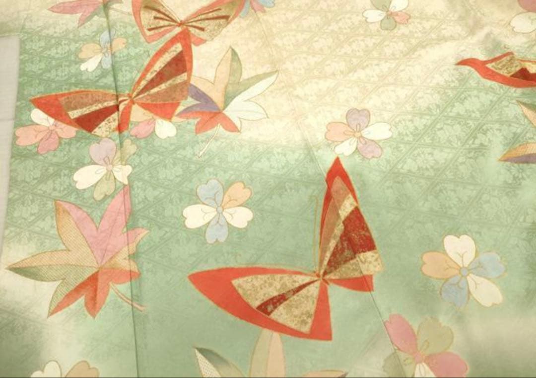 振袖フルセット6点サイズM〜Ｌ駒刺繍　花蝶文　暈し染め　金彩　正絹