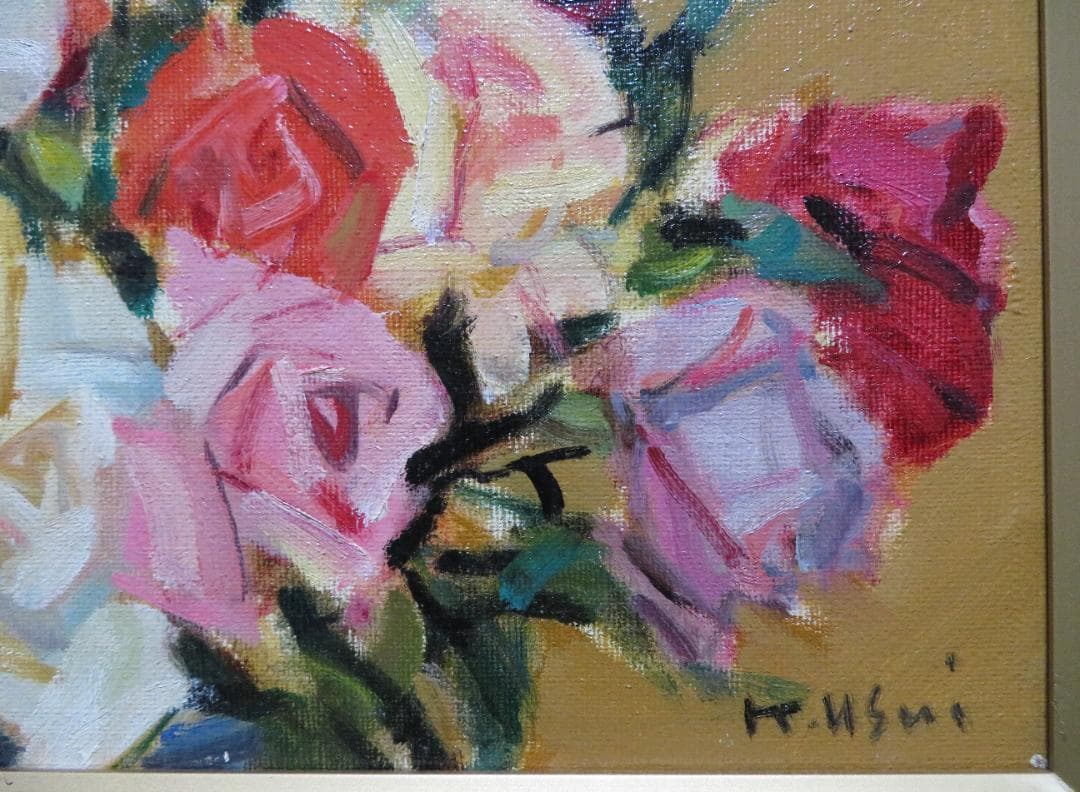 コーヒータイム　臼井圭助　「　ばら　」油彩　M6号　創元会 真作保証